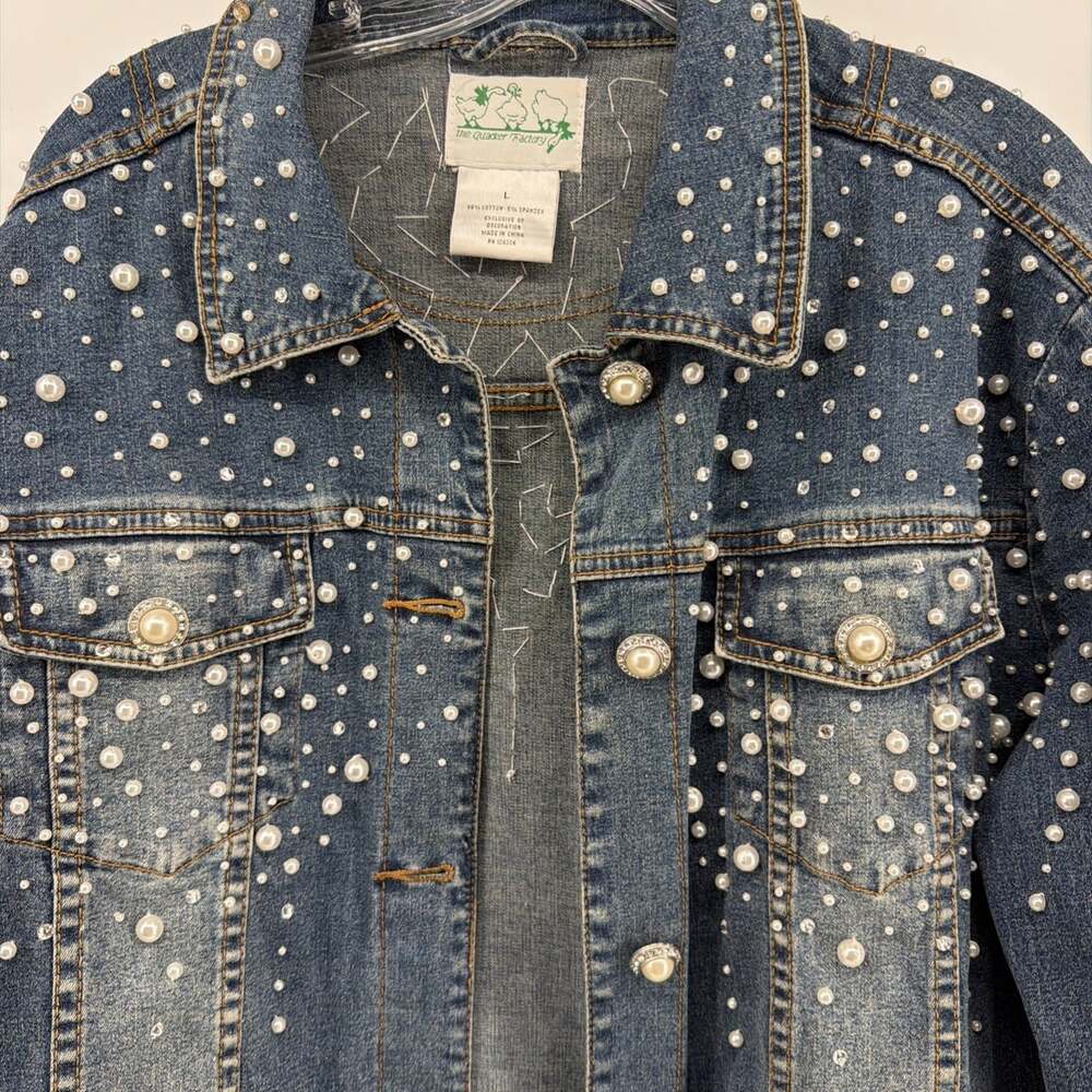 The Quacker Factory Upcycled Pearl Rhinestone Denim Trucker Jacket Size L Beaded